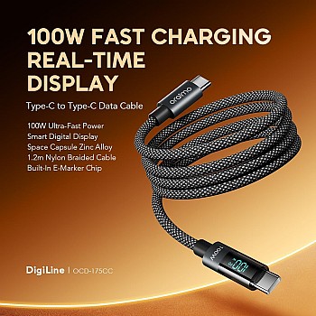 كابل شحن سريع USB-C إلى USB-C بقدرة 100 وات و5 أمبير ومزامنة بيانات عالية السرعة للأجهزة بمنافذ USB-C OCD-175CC، كابل شحن من اورايمو، بطول 1.2 م ولون أسود