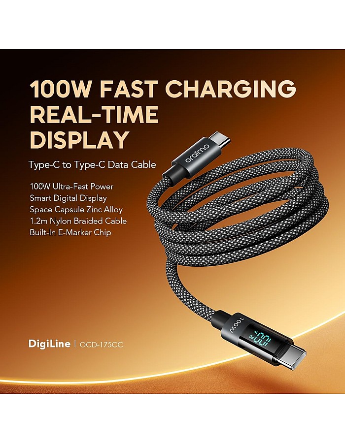 كابل شحن سريع USB-C إلى USB-C بقدرة 100 وات و5 أمبير ومزامنة بيانات عالية السرعة للأجهزة بمنافذ USB-C OCD-175CC، كابل شحن من اورايمو، بطول 1.2 م ولون أسود