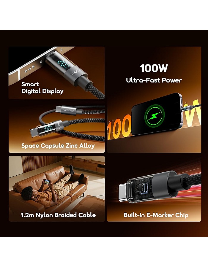 كابل شحن سريع USB-C إلى USB-C بقدرة 100 وات و5 أمبير ومزامنة بيانات عالية السرعة للأجهزة بمنافذ USB-C OCD-175CC، كابل شحن من اورايمو، بطول 1.2 م ولون أسود