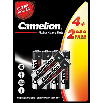 Camelion Black Extra Power R03 AAA Zinc-Carbon Batteries – Super Heavy Duty, Pack of 4+2 Free