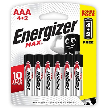Energizer Max Promo Pack Battery, Size AAA, Pack of 4Plus2 Blister Card - 4+2 حجر ريموت