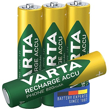 VARTA Batteries AAA, rechargeable, pack of 4, Recharge Accu Phone, Akku, 800 mAh Ni-MH, ready to use, suitable for cordless phones