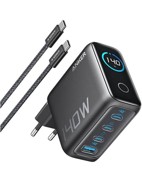 شاحن زولو للحائط بشاشة تعمل باللمس وقوة 140 وات بتقنية بي دي وجان مع 3 منافذ USB نوع C و1 منفذ USB نوع A ومتوافق مع آيفون وسامسونج وبيكسل وماك بوك