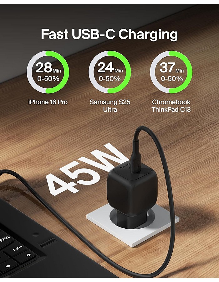 شاحن من بلكن بمنفذ USB متوافق مع آيفون 16 و15 وسامسونج جالاكسي S25 بقوة 45 واط مع شحن سريع وتصميم مدمج