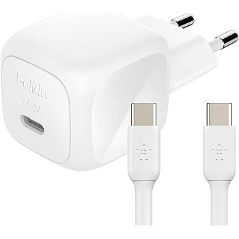 Belkin Compact Wall Charger 45W + USB-C to USB-C Cable, Quick Charge for Apple iPhone 16, 15, 14, Plus, Pro, Pro Max, Samsung Galaxy S25 Series, S24, Pixel 9, iPad, AirPods and Much More, White