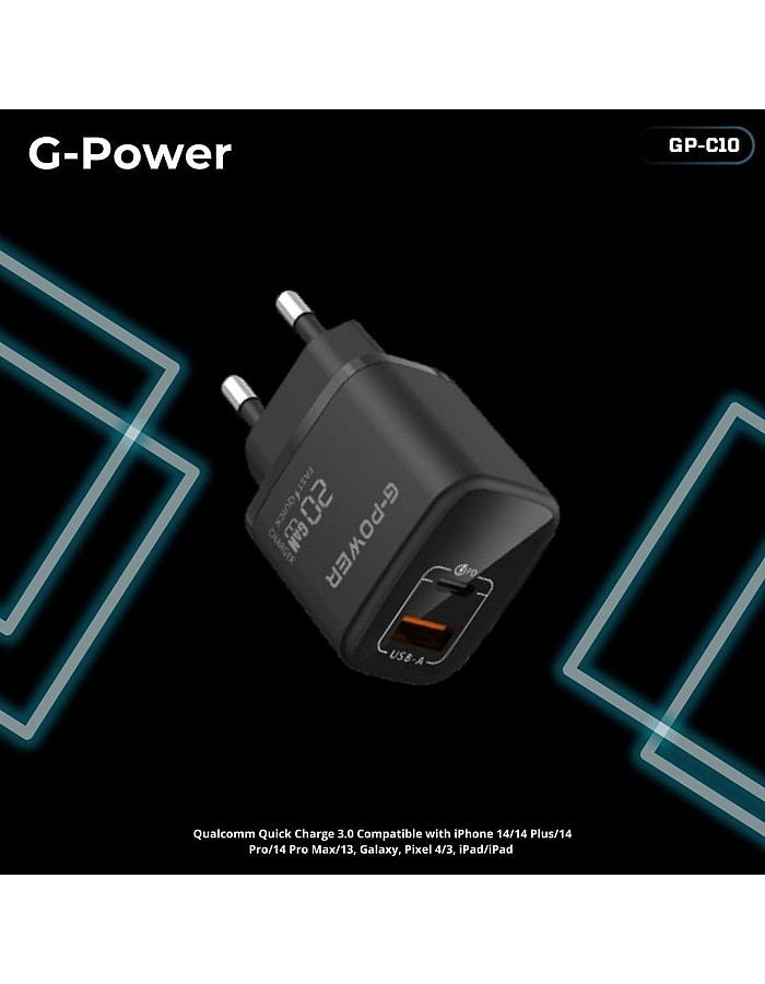 شاحن من جي باور بتقنية USB، متوافق مع آيفون وسامسونج وشاومي وجوجل بيكسل وآيباد، بمنفذين