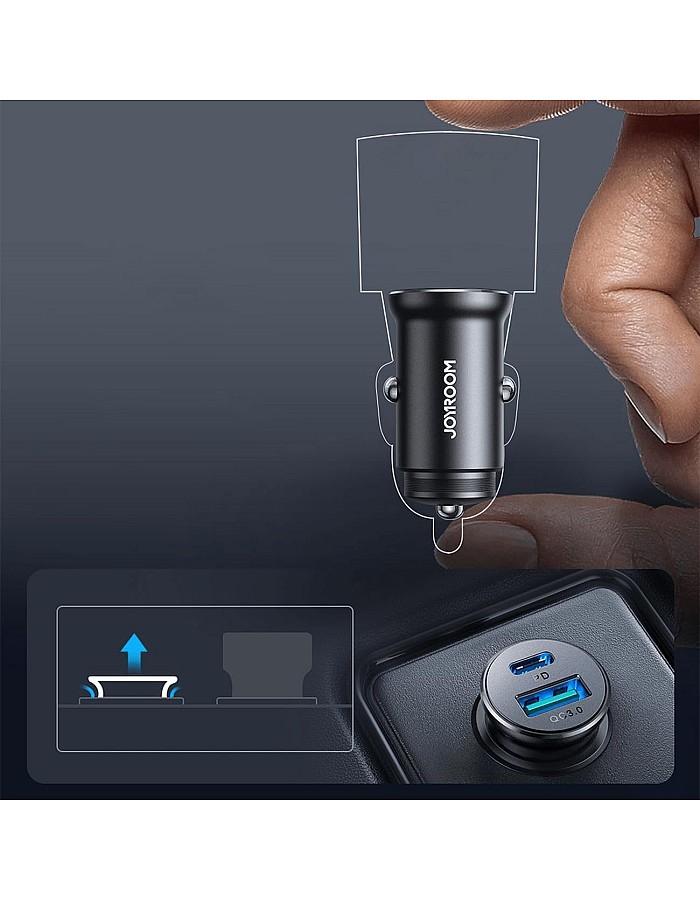 Joyroom JR-CCN05 30W Mini Metal Car Charger – USB-C PD + USB-A Quick Charging, Fast Charge Support (PD3.0/PPS/QC3.0), Compact Design – Black | 12-Month Warranty