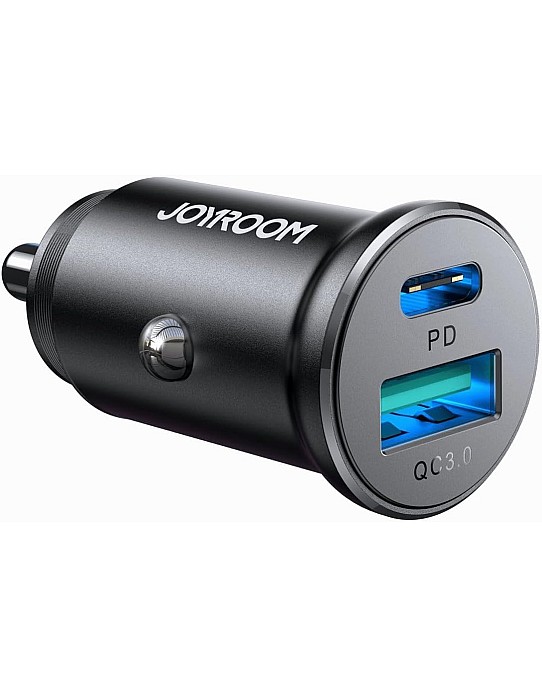 Joyroom JR-CCN05 30W Mini Metal Car Charger – USB-C PD + USB-A Quick Charging, Fast Charge Support (PD3.0/PPS/QC3.0), Compact Design – Black | 12-Month Warranty