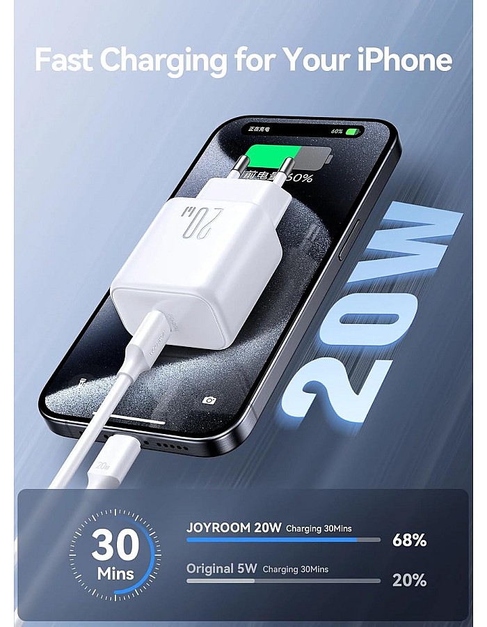 Joyroom JR‑TCF20 20W USB‑C PD Fast Wall Charger Adapter – USB‑C Power Delivery & Quick Charge 3.0, Compact Safe Charging with Low Heat, White | 12‑Month Warranty