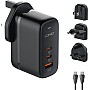 شاحن بتقنية الشحن السريع ب3 منافذ للسفر جان سابر بقدرة 65 وات، قابس أوروبي مع كابل نوع سي إلى نوع سي من لدنيو - أسود - Q366
