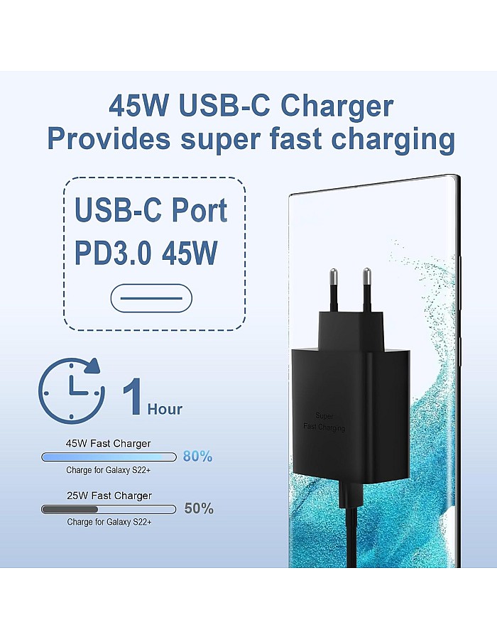 شاحن USB نوع C بقدرة 45 وات بتقنية الشحن السريع 2.0 متوافق مع أجهزة سامسونج جالاكسي (S23، S23 الترا، S22، نوت 20 الترا وغيرها)، بتقنية PPS وPD 3.0، يأتي م