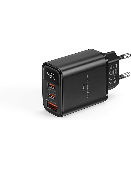 WiWU Firefly GaN Tech Series 45W Fast Wall Charger, Dual Port USB-C PD + USB-A High-Speed Power Adapter, Compact Mini Charging Head – Black | Wi-G011