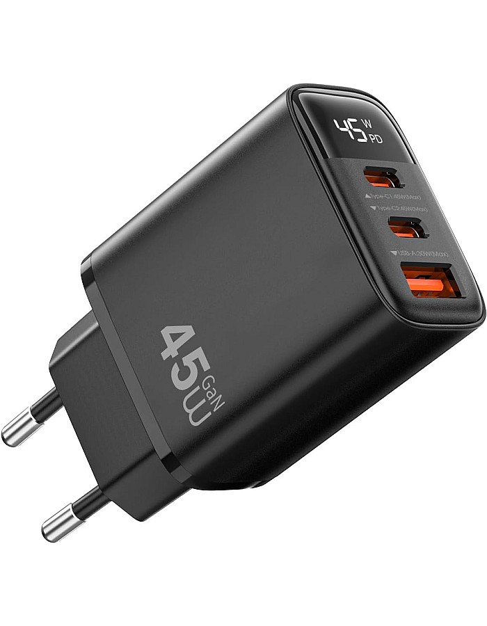 WiWU Firefly GaN Tech Series 45W Fast Wall Charger, Dual Port USB-C PD + USB-A High-Speed Power Adapter, Compact Mini Charging Head – Black | Wi-G011