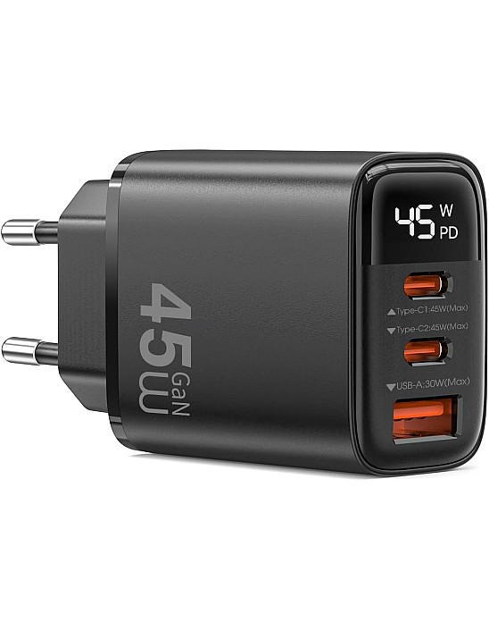 WiWU Firefly GaN Tech Series 45W Fast Wall Charger, Dual Port USB-C PD + USB-A High-Speed Power Adapter, Compact Mini Charging Head – Black | Wi-G011