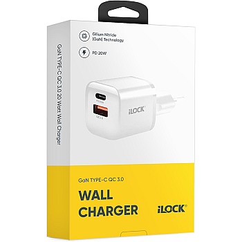 شاحن سريع بمنفذين بقوة 20 وات (USB نوع A وUSB نوع C)، شاحن حائط بتقنية الشحن السريع 3.0 صغير الحجم من اي لوك - أبيض