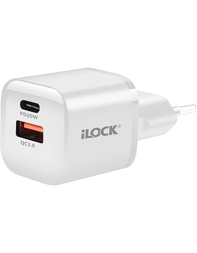 شاحن سريع بمنفذين بقوة 20 وات (USB نوع A وUSB نوع C)، شاحن حائط بتقنية الشحن السريع 3.0 صغير الحجم من اي لوك - أبيض