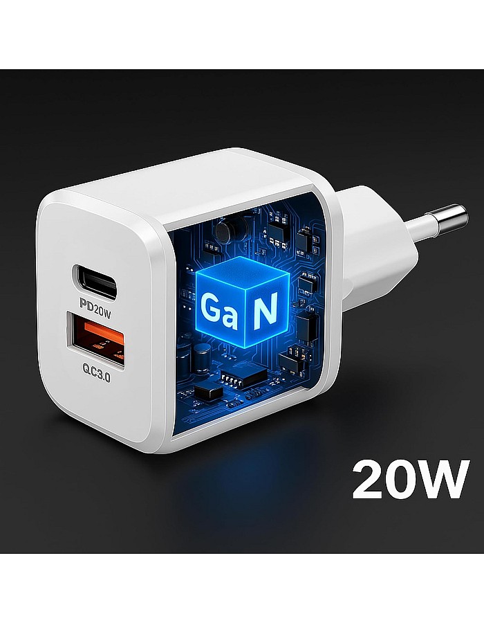 شاحن سريع بمنفذين بقوة 20 وات (USB نوع A وUSB نوع C)، شاحن حائط بتقنية الشحن السريع 3.0 صغير الحجم من اي لوك - أبيض