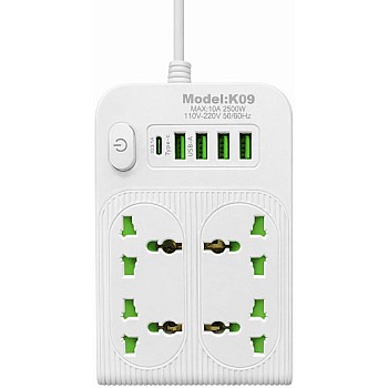 مشترك كهرباء متعدد المنافذ بقوة 2500 واط، 4 مقابس طاقة بالإضافة إلى منافذ متعددة USB و منفذ TYPE-C (أبيض, 4 مخارج طاقة و 4 مخرج USB و مخرج TYPE-C)