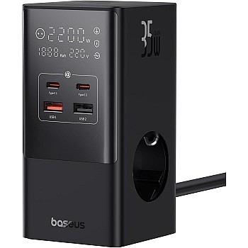 شاحن USB النوع سي 35 واط من باسيوس نوع GaN5 ثلاثي مع مفتاح، 3 تيار مستمر + 2 USB سي + 2 USB ايه، شاحن بي دي محمول لماك بوك، اي باد، آيفون 12/13/14/15، جالاكس