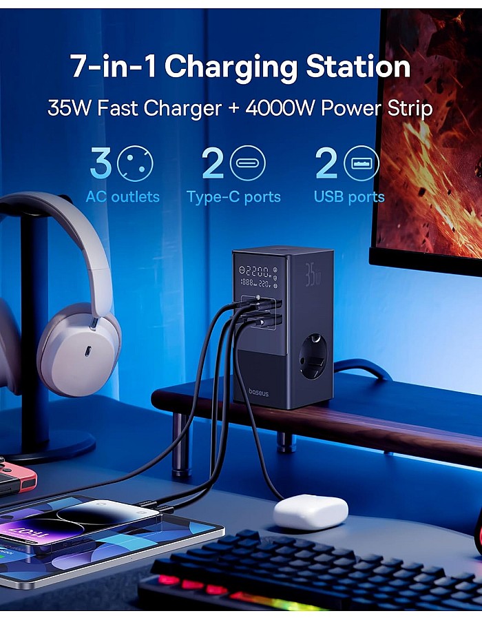 شاحن USB النوع سي 35 واط من باسيوس نوع GaN5 ثلاثي مع مفتاح، 3 تيار مستمر + 2 USB سي + 2 USB ايه، شاحن بي دي محمول لماك بوك، اي باد، آيفون 12/13/14/15، جالاكس