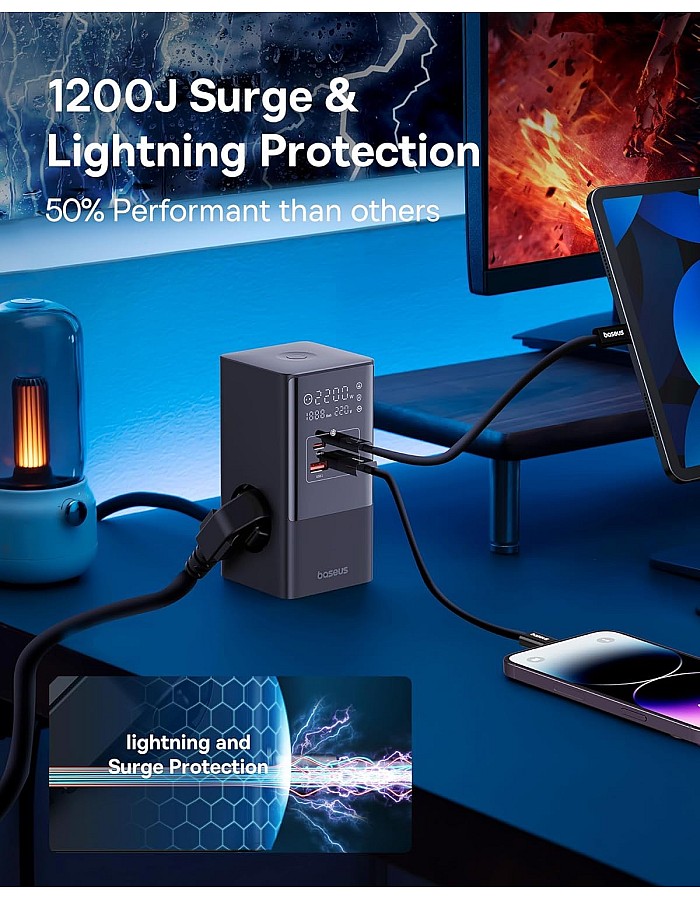 شاحن USB النوع سي 35 واط من باسيوس نوع GaN5 ثلاثي مع مفتاح، 3 تيار مستمر + 2 USB سي + 2 USB ايه، شاحن بي دي محمول لماك بوك، اي باد، آيفون 12/13/14/15، جالاكس