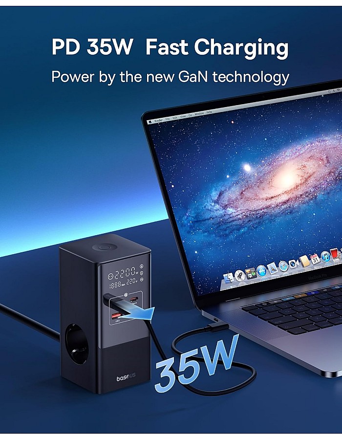 شاحن USB النوع سي 35 واط من باسيوس نوع GaN5 ثلاثي مع مفتاح، 3 تيار مستمر + 2 USB سي + 2 USB ايه، شاحن بي دي محمول لماك بوك، اي باد، آيفون 12/13/14/15، جالاكس