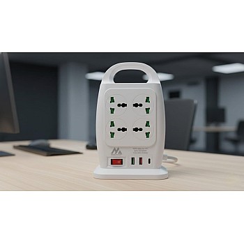 مشترك كهربائي مزدوج الجوانب، مزود بـ 8 منافذ كهربائية عالمية و8 منافذ USB، و 1 من النوع C يدعمان الشحن السريع ،وواقي من زيادة التيار مع مفتاح 