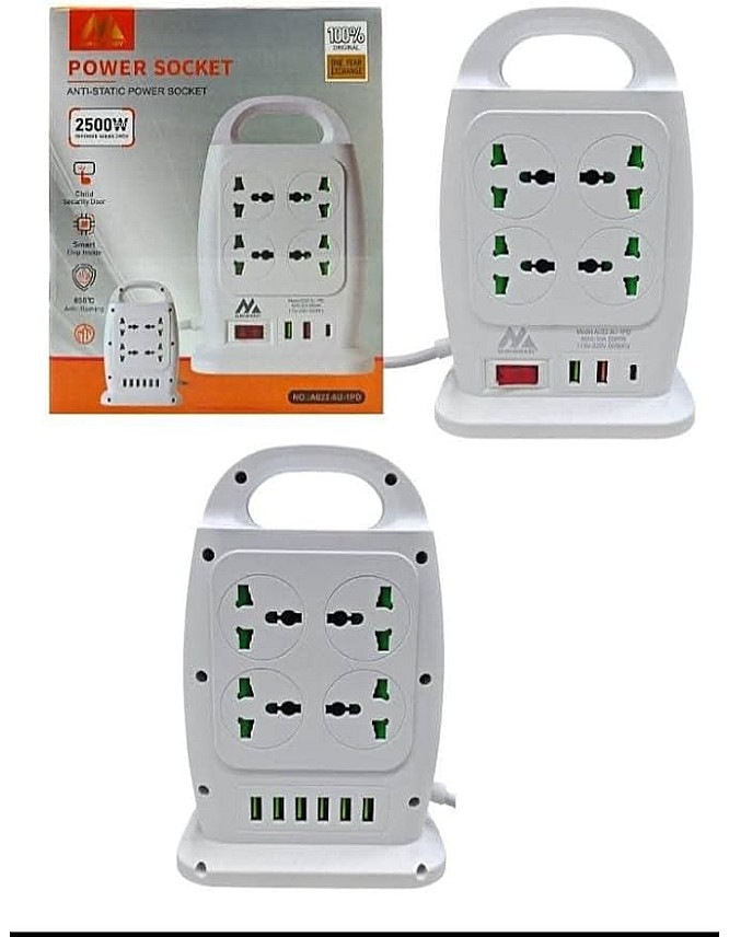 مشترك كهربائي مزدوج الجوانب، مزود بـ 8 منافذ كهربائية عالمية و8 منافذ USB، و 1 من النوع C يدعمان الشحن السريع ،وواقي من زيادة التيار مع مفتاح