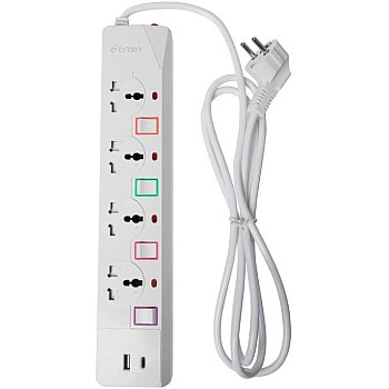 مشترك طاقة 16 امبير مع حماية من الحمل الزائد، 4 مقابس خرج + 1 USB + 1 منفذ شحن نوع سي 2.4 امبير 2 متر - مفتاح تشغيل وايقاف (PS077) من اي ترين
