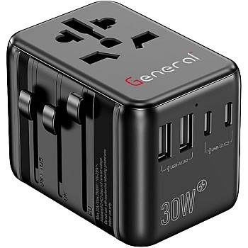 شاحن سفر - شاحن دولي متعدد الاستخدامات مع منافذ USB-A ونوع C، شحن سريع للموبايل والتابلت واللاب توب- فيشة تيار متردد متوافقة مع الفيش البريطا