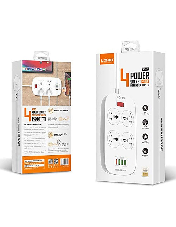 LDNIO Four Independent Switch Sockets Household Plug Power Strip With 3 Powerful Auto ID USB Ports, One 18W QC3