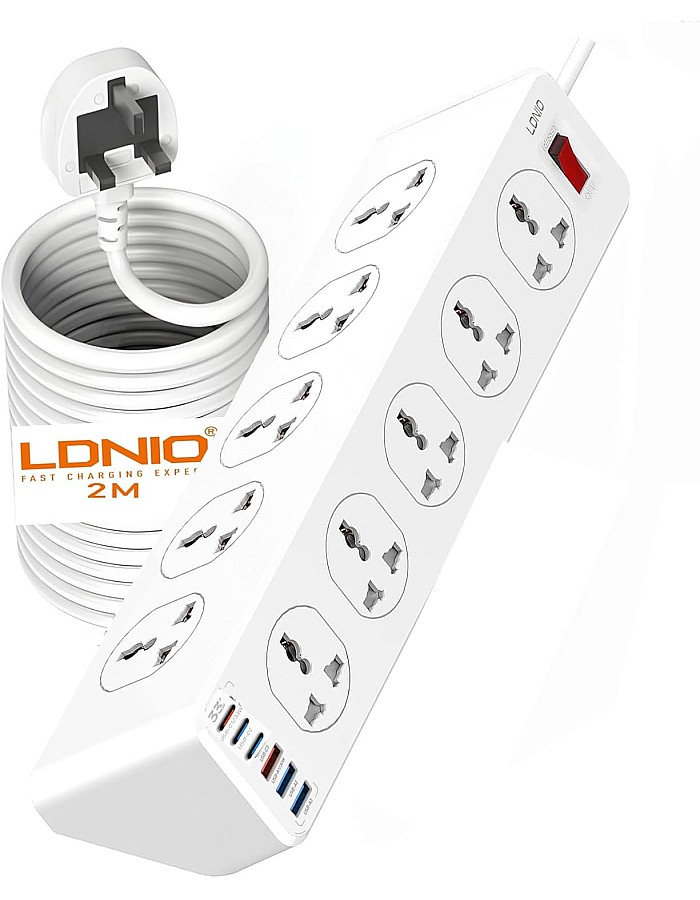 لدنيو مشترك كهربائي 10 عين EU بمفاتيح منفصله لكل عين و ست مخارج USB بقدرة 3.4 أمبير, بجسم مضاد للحريق و كابل بطول 2 متر 2500 واط