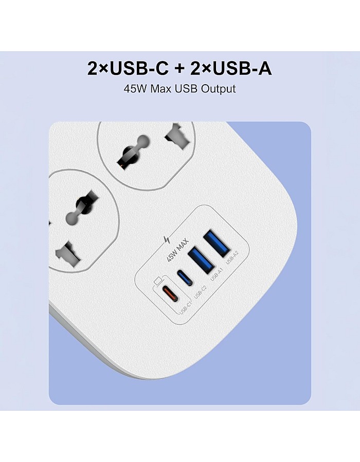 LDNIO SC4407C 4 POWER SOCKET EXTENTION With 2 USB + 2 USB C (45W) DEFENDER SERIES 2M Havy Duty Power Card - white