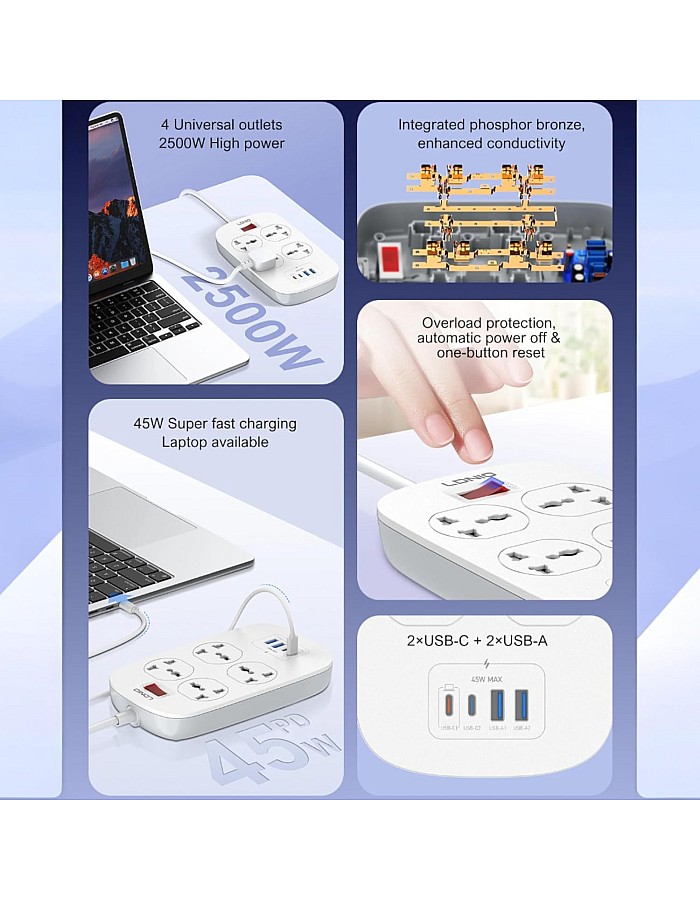 LDNIO SC4407C 4 POWER SOCKET EXTENTION With 2 USB + 2 USB C (45W) DEFENDER SERIES 2M Havy Duty Power Card - white