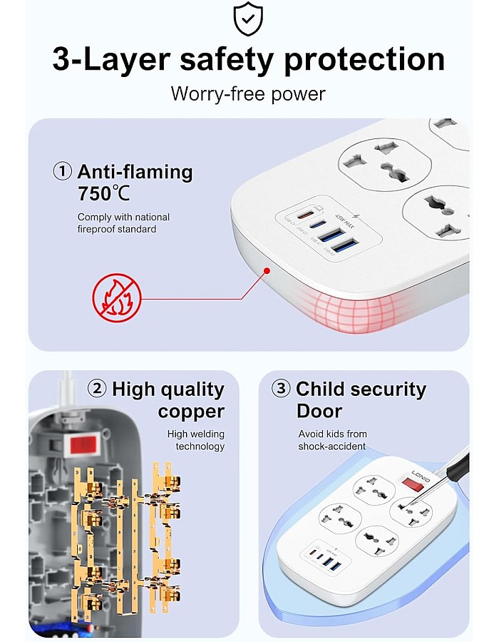 LDNIO SC4407C 4 POWER SOCKET EXTENTION With 2 USB + 2 USB C (45W) DEFENDER SERIES 2M Havy Duty Power Card - white