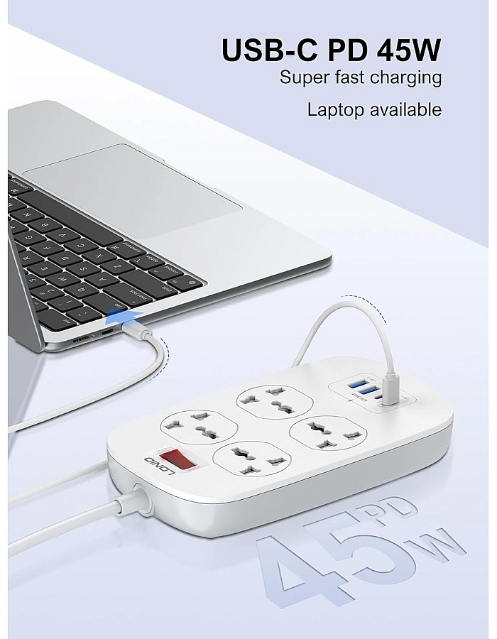 LDNIO SC4407C 4 POWER SOCKET EXTENTION With 2 USB + 2 USB C (45W) DEFENDER SERIES 2M Havy Duty Power Card - white