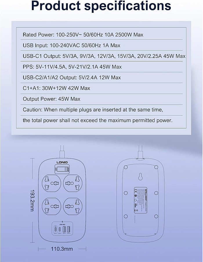 LDNIO SC4407C 4 POWER SOCKET EXTENTION With 2 USB + 2 USB C (45W) DEFENDER SERIES 2M Havy Duty Power Card - white