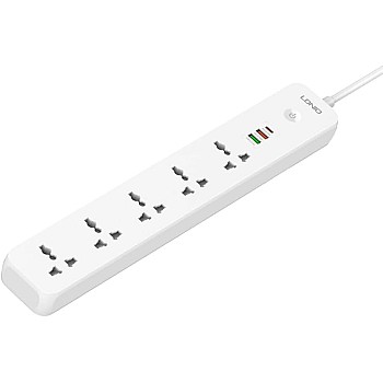 وصلة تمديد متعددة الفيش SC5319 مع 5 فيش تيار متردد و3 منافذ USB بطول 2 متر من ال دي ان اي او، شريط طاقة عالمي قابل للتثبيت على الحائط - أبيض