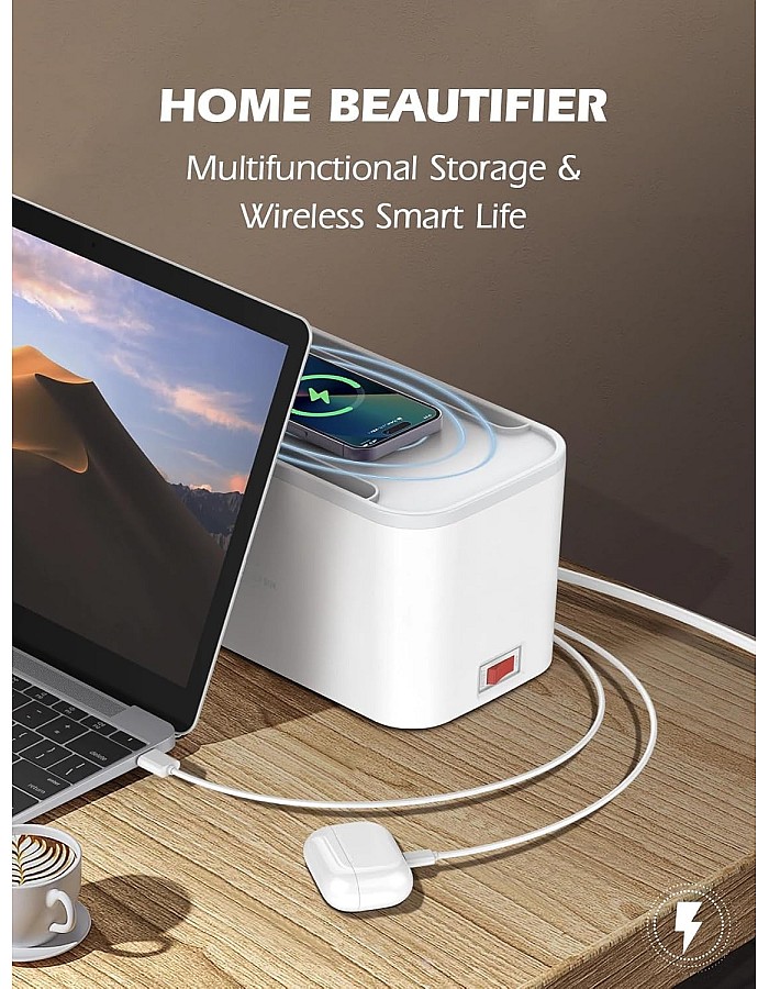 مشترك كهرباء من لدنيو SCW5354 مزود بـ 5 منافذ و3 منافذ USB وسلك طاقة لاسلكي بطول 2 متر - ابيض