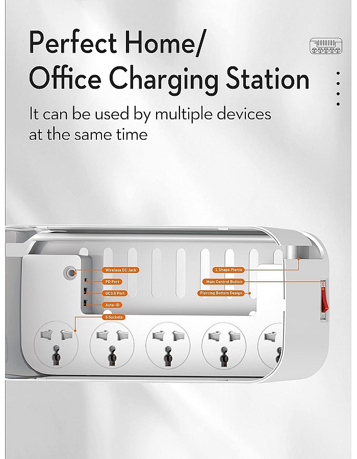 مشترك كهرباء من لدنيو SCW5354 مزود بـ 5 منافذ و3 منافذ USB وسلك طاقة لاسلكي بطول 2 متر - ابيض