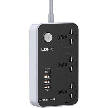 وصلة كهرباء شحن سريع بثلاث فيش كهربائية، PD20W وثلاث مقابس USB 3.0 شحن سريع من لدنيو SC3412 - رمادي
