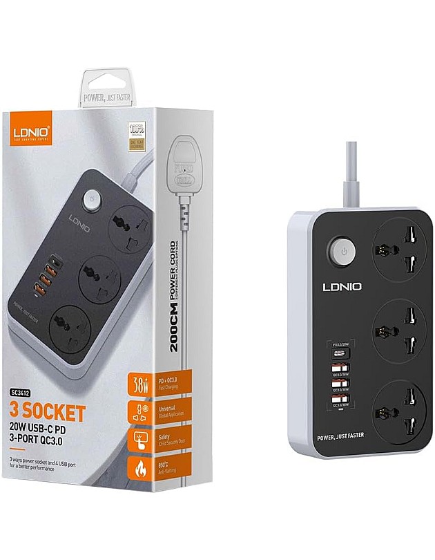 وصلة كهرباء شحن سريع بثلاث فيش كهربائية، PD20W وثلاث مقابس USB 3.0 شحن سريع من لدنيو SC3412 - رمادي