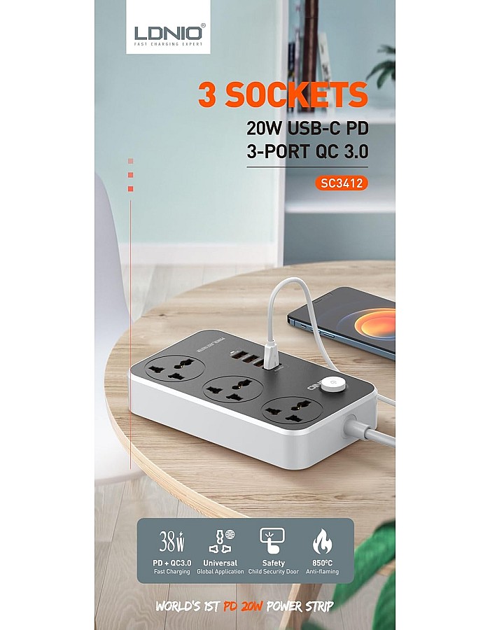 وصلة كهرباء شحن سريع بثلاث فيش كهربائية، PD20W وثلاث مقابس USB 3.0 شحن سريع من لدنيو SC3412 - رمادي