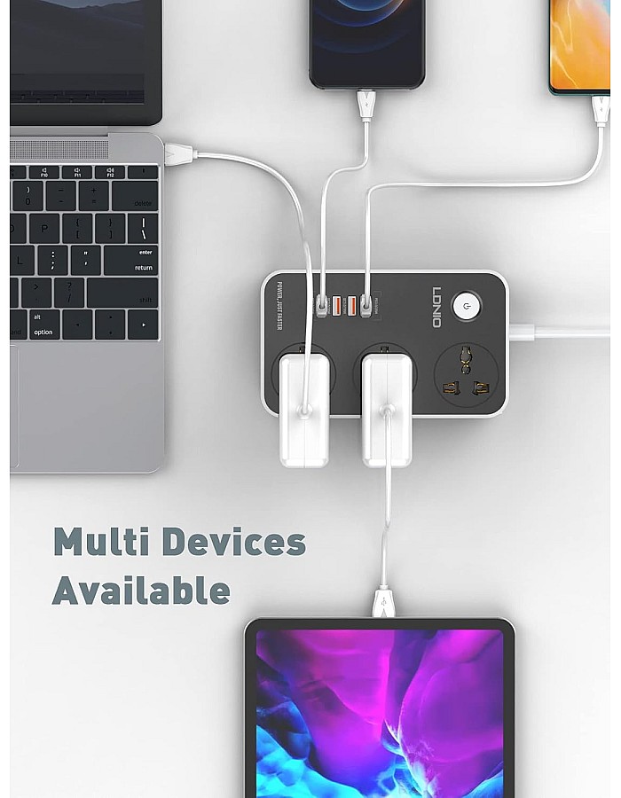 وصلة كهرباء شحن سريع بثلاث فيش كهربائية، PD20W وثلاث مقابس USB 3.0 شحن سريع من لدنيو SC3412 - رمادي