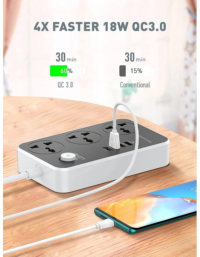 وصلة كهرباء شحن سريع بثلاث فيش كهربائية، PD20W وثلاث مقابس USB 3.0 شحن سريع من لدنيو SC3412 - رمادي