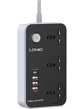 وصلة كهرباء شحن سريع بثلاث فيش كهربائية، PD20W وثلاث مقابس USB 3.0 شحن سريع من لدنيو SC3412 - رمادي