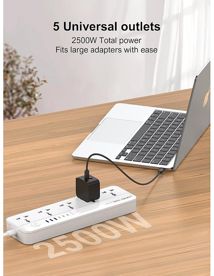 مشترك كهربائي للحماية من التيارات المتغيرة، مع 5 منافذ تيار متردد و6 منافذ شحن USB بطول 2 متر للمنزل والمكتب من لدنيو SC5614 - ابيض