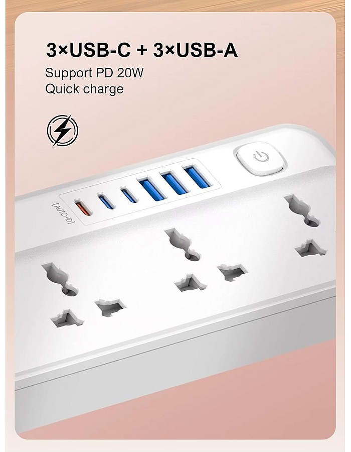 مشترك كهربائي للحماية من التيارات المتغيرة، مع 5 منافذ تيار متردد و6 منافذ شحن USB بطول 2 متر للمنزل والمكتب من لدنيو SC5614 - ابيض