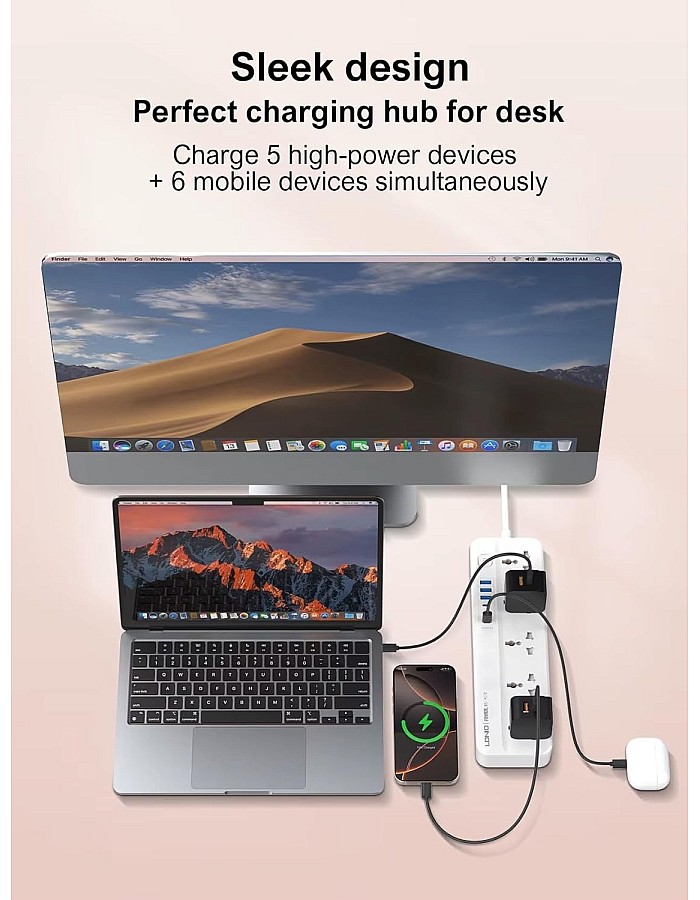 مشترك كهربائي للحماية من التيارات المتغيرة، مع 5 منافذ تيار متردد و6 منافذ شحن USB بطول 2 متر للمنزل والمكتب من لدنيو SC5614 - ابيض