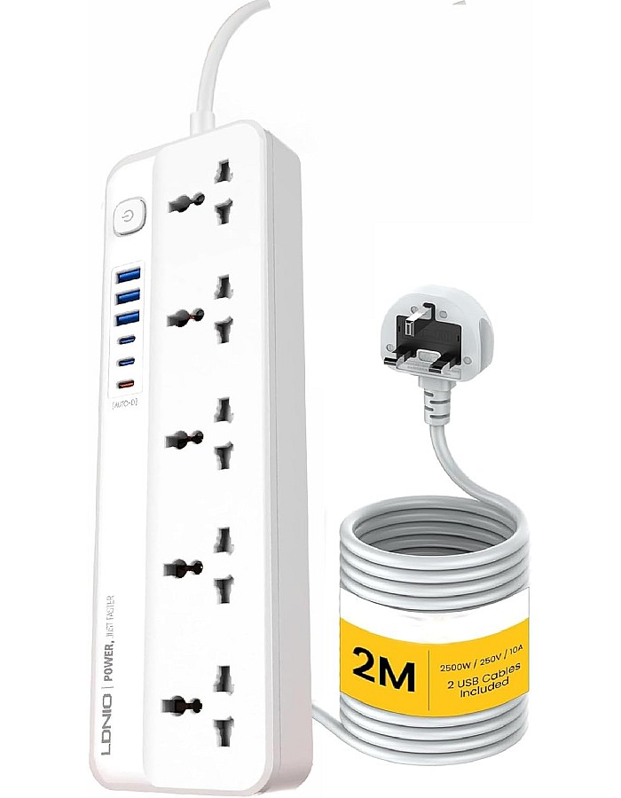 مشترك كهربائي للحماية من التيارات المتغيرة، مع 5 منافذ تيار متردد و6 منافذ شحن USB بطول 2 متر للمنزل والمكتب من لدنيو SC5614 - ابيض